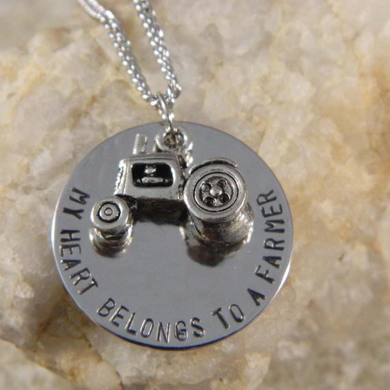 My Heart Belongs to a Farmer Handstamped Necklace with Tractor